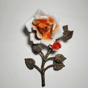 ITALIAN Capodimonte Porcelain Rose Figure with a Brass Stem Leaves Figurine